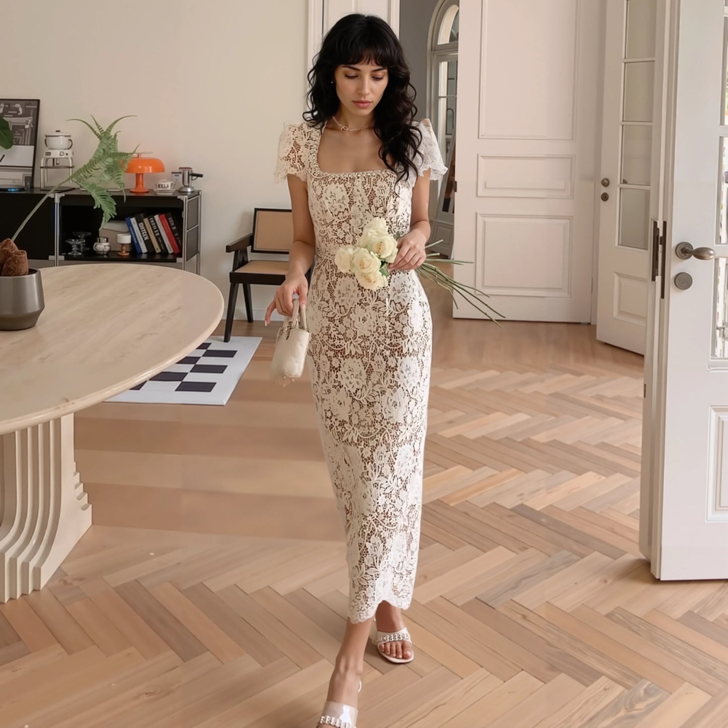 Bej/Yeşil Dantel Elbise