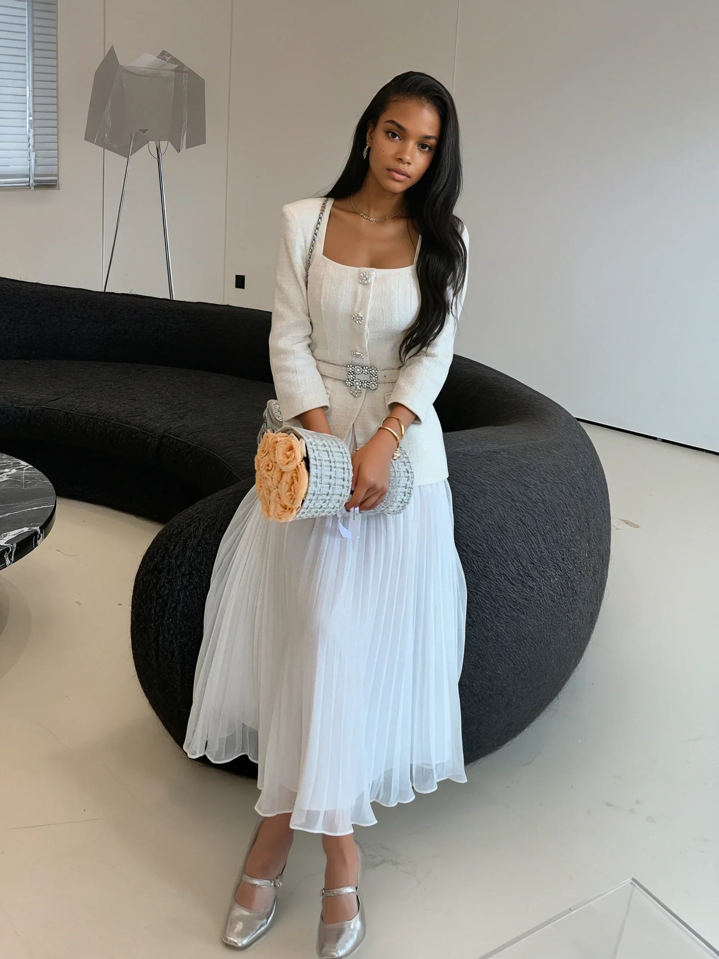 Kırık Beyaz Tüvit-Şifon Elbise