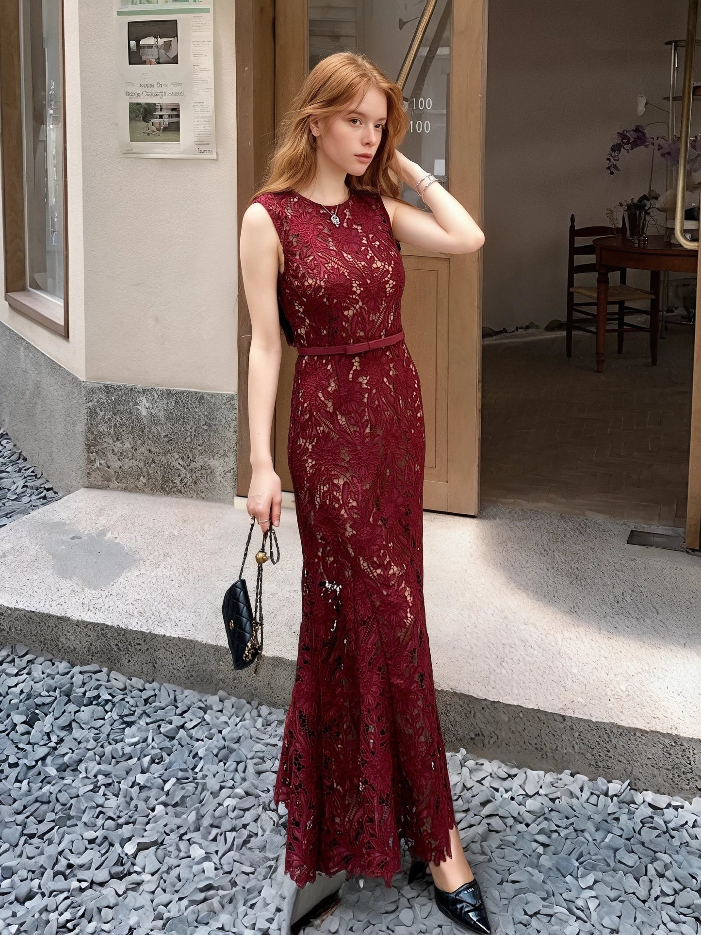 Şarap Kırmızısı Lazer Nakışlı Elbise