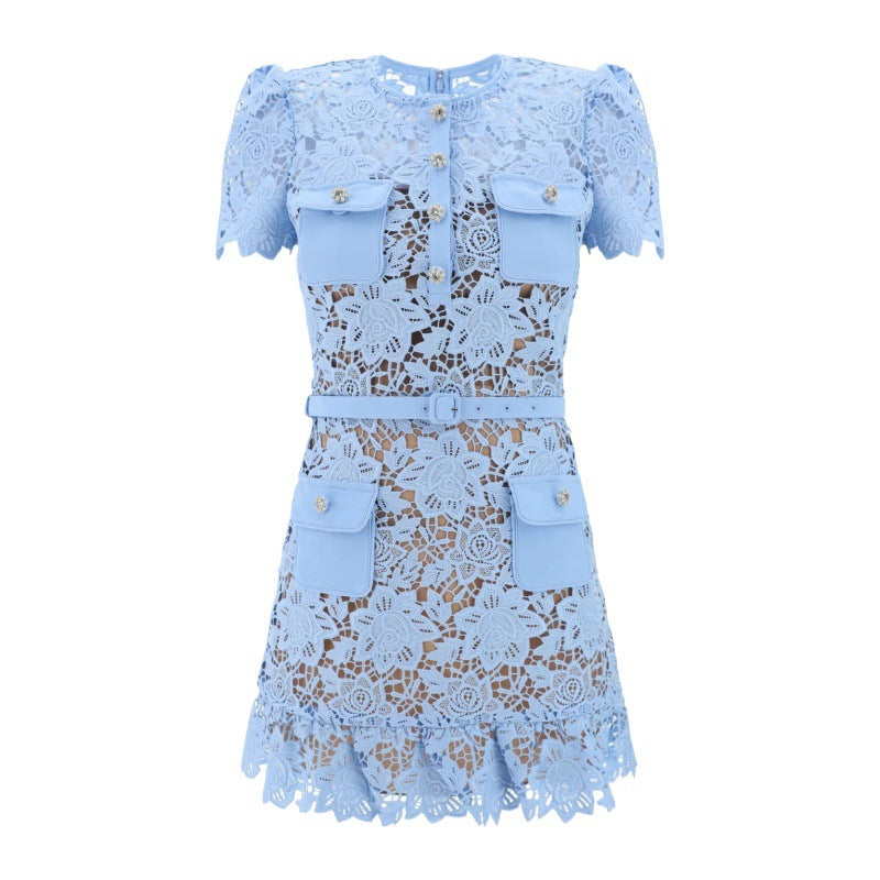 Açık Mavi & Beyaz Dantel İşlemeli Elbise