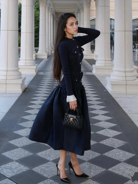 Lacivert Örgü Eklemeli Uzun Kollu Elbise