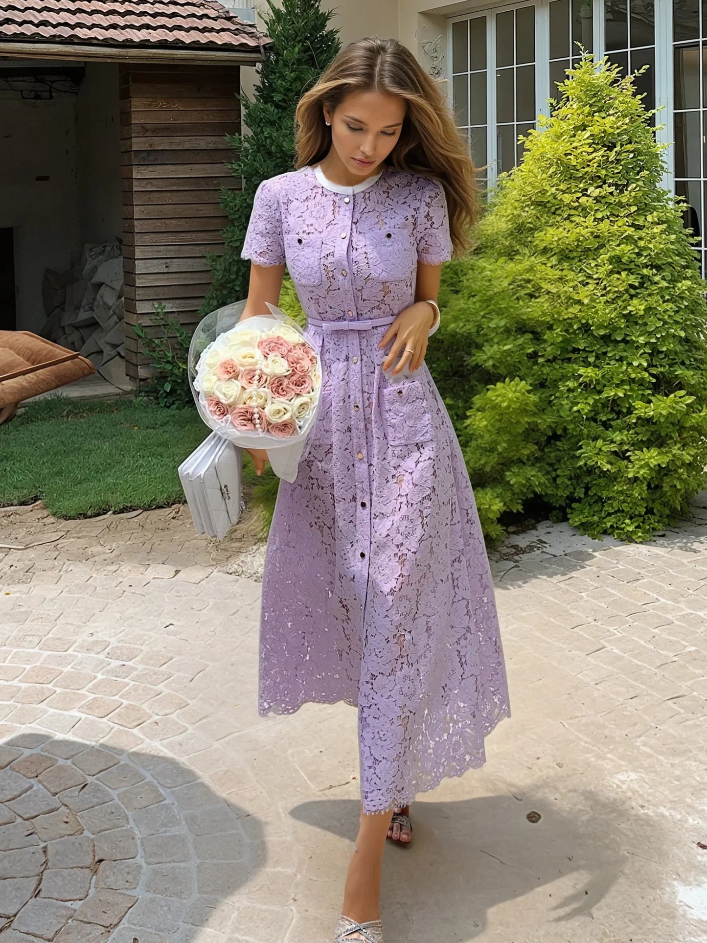 Mor Dantel Detaylı Elbise