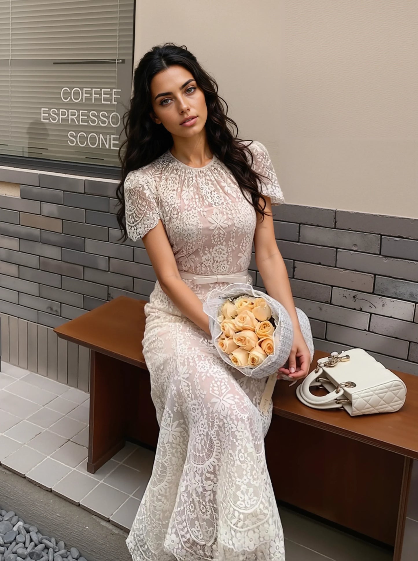 Bej Kirpik Dantel Elbise