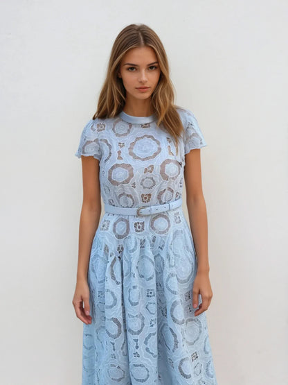 Açık Mavi Lazer Nakışlı Elbise