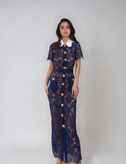 Koyu Mavi Dantel Elbise