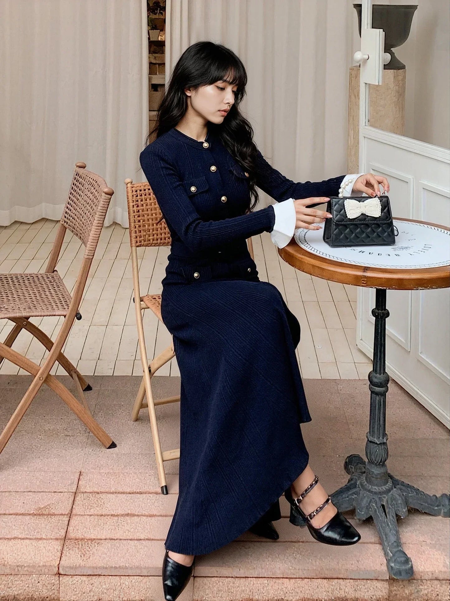 Lacivert Streç Örgü Elbise