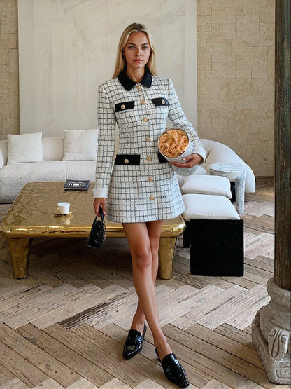 Beyaz Kareli Kürklü Yaka Etek