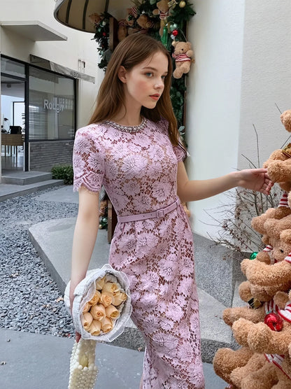 Pembe-Mor Dantel Elbise