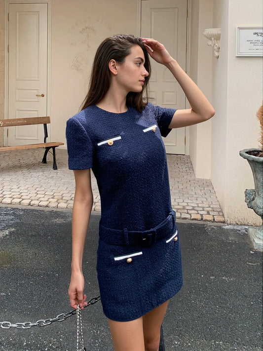 Koyu Mavi Kemerli Elbise