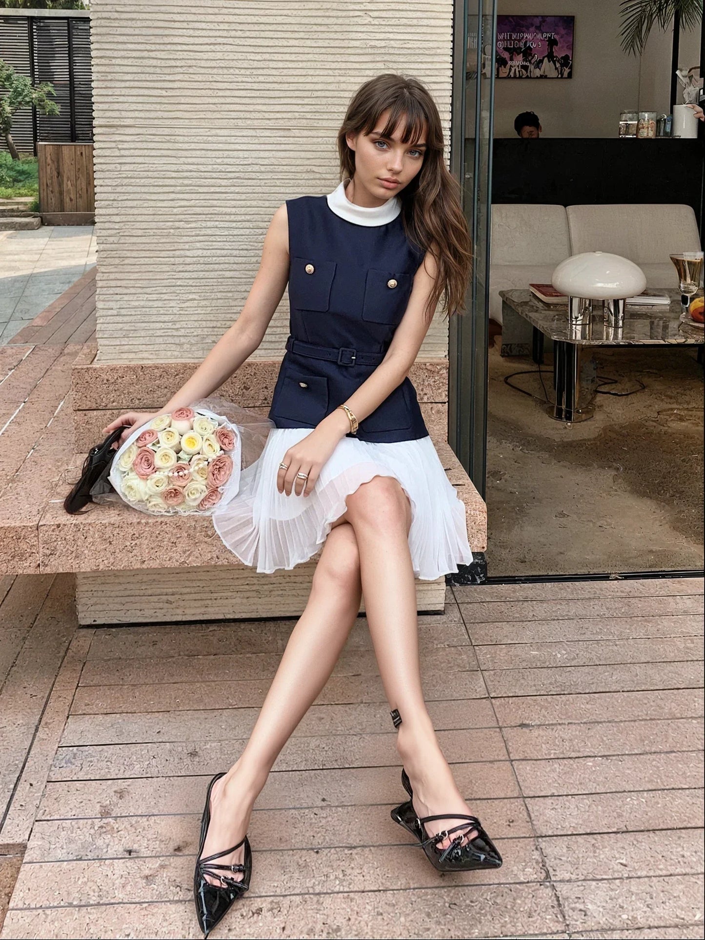 Mavi-Beyaz Şifonlu Elbise