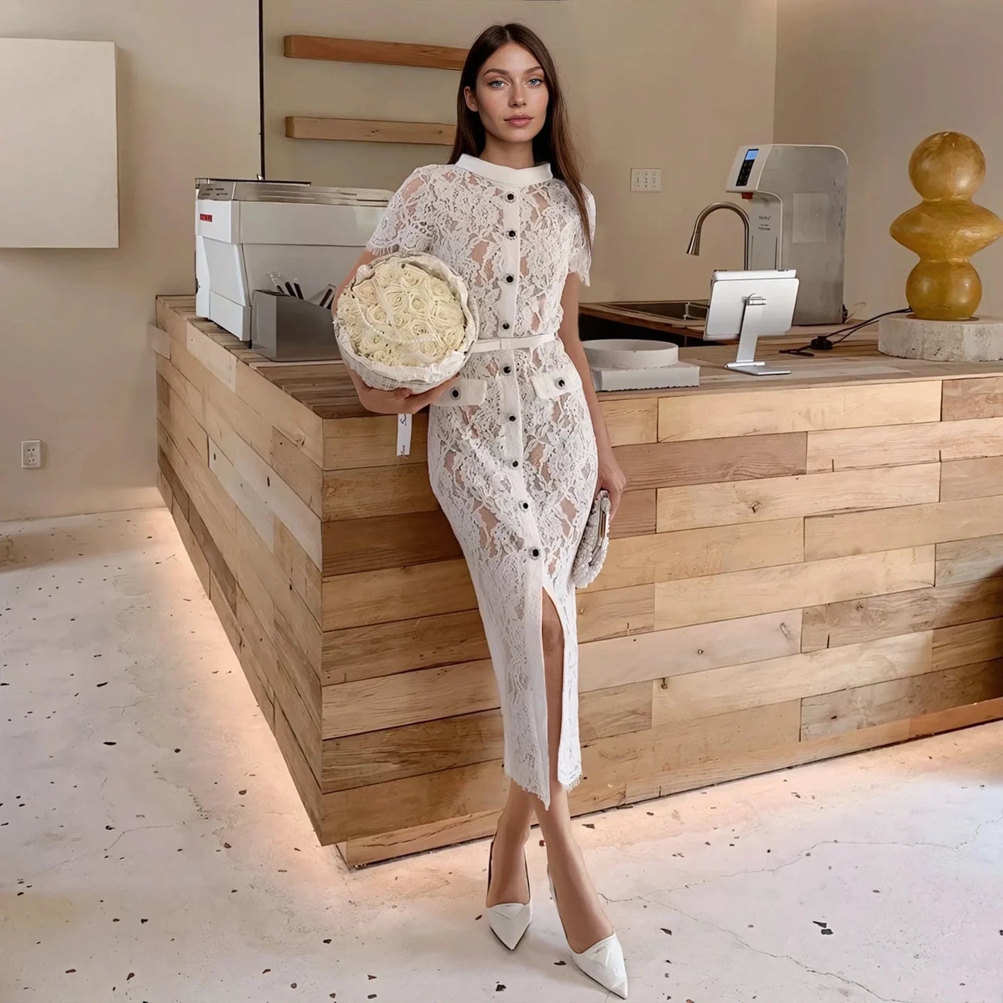 Beyaz & Pembe Dantel Elbise