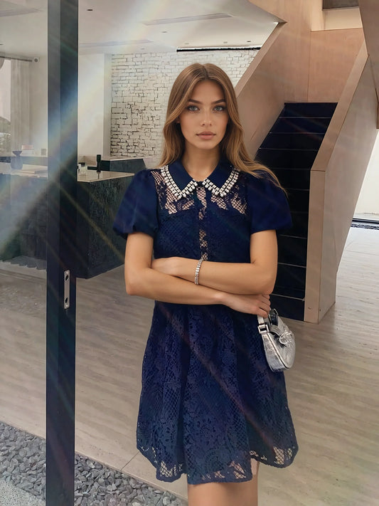 Özel Dantel İşlemeli Mavi Mini Elbise