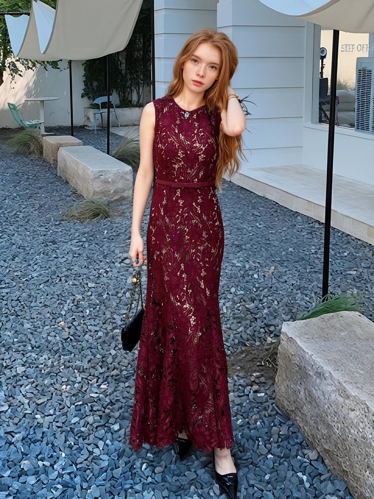 Şarap Kırmızısı Lazer Nakışlı Elbise