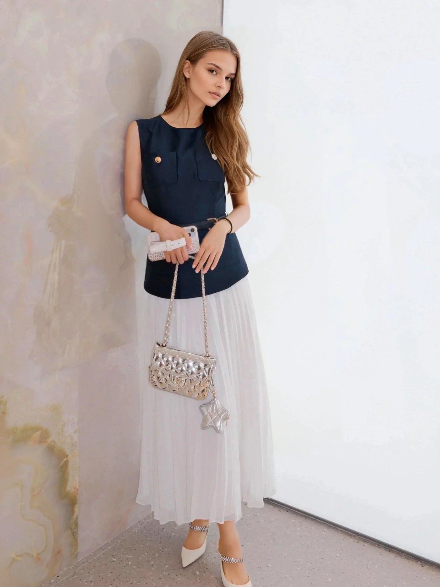 Mavi & Beyaz Şifon Kenarlı Elbise