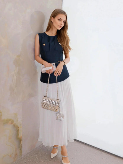 Mavi & Beyaz Şifon Kenarlı Elbise