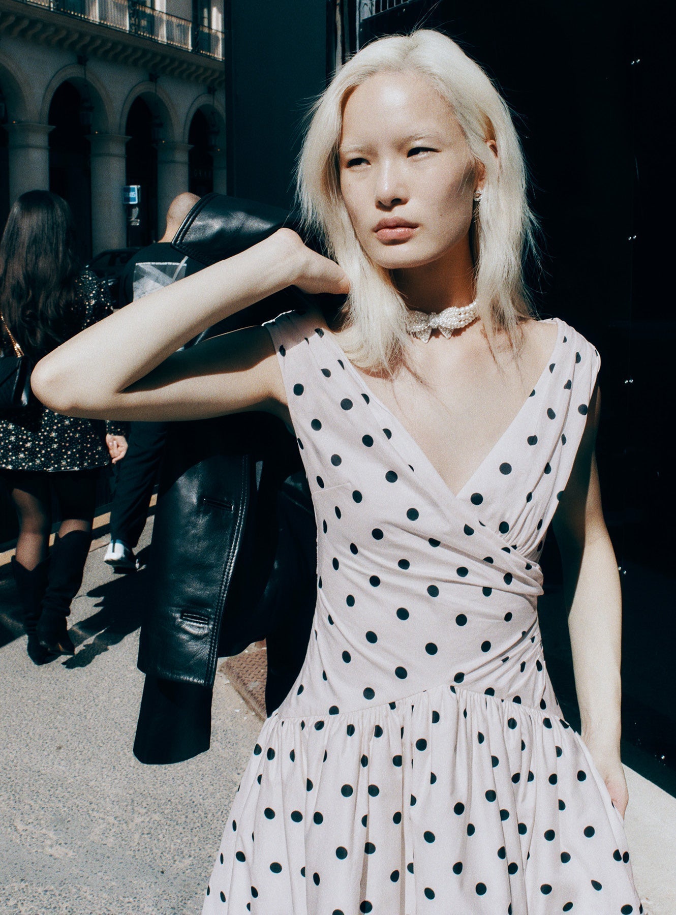 Krem Puantiyeli Pamuklu Midi Elbise