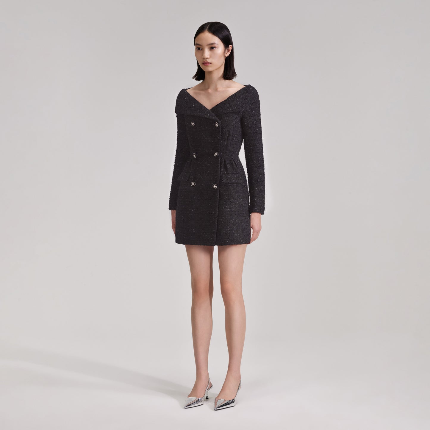 Siyah Omuz Açık Bukle Mini Elbise