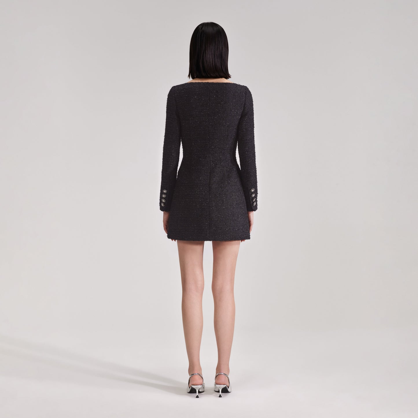 Siyah Omuz Açık Bukle Mini Elbise