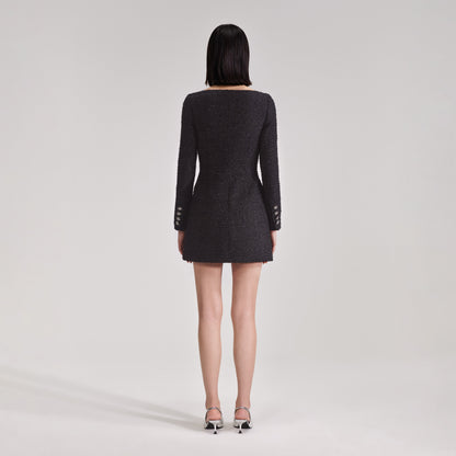 Siyah Omuz Açık Bukle Mini Elbise