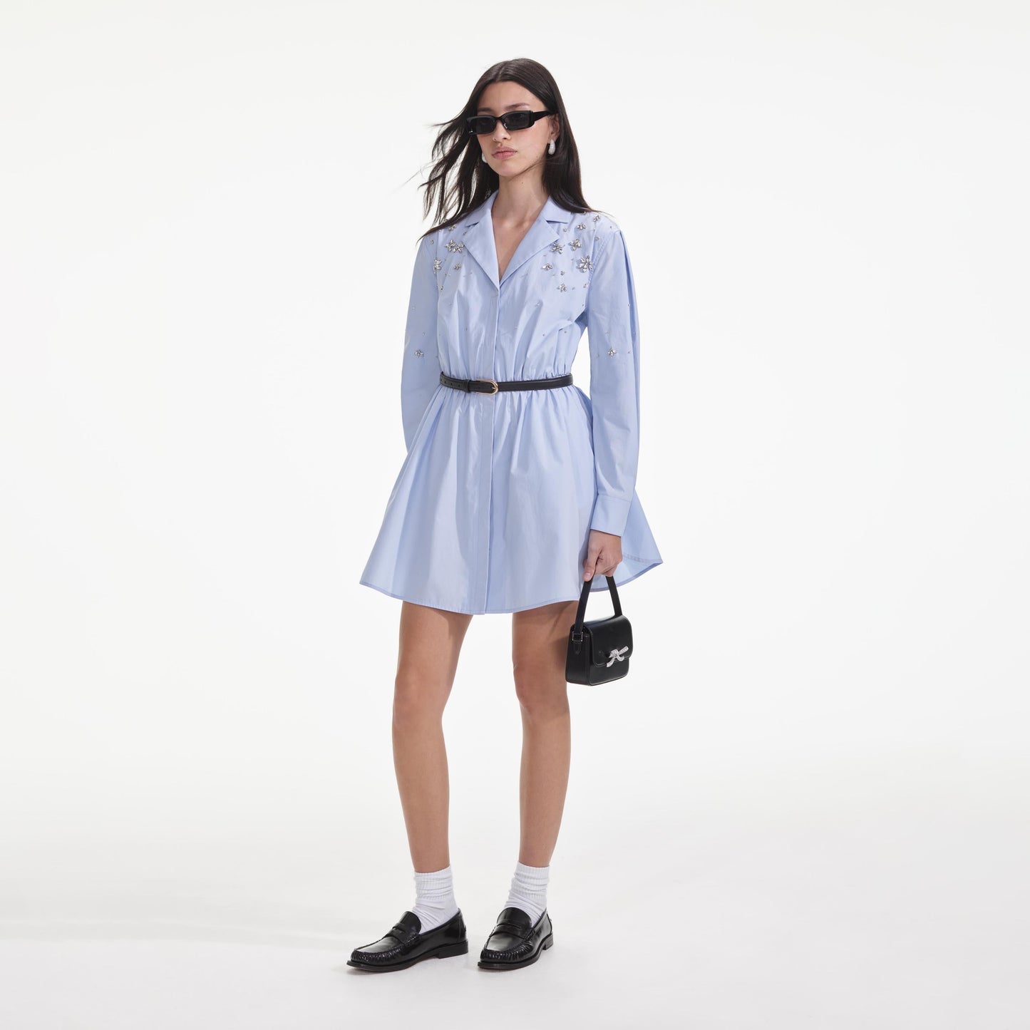 Mavi Pamuklu Süslemeli Mini Elbise