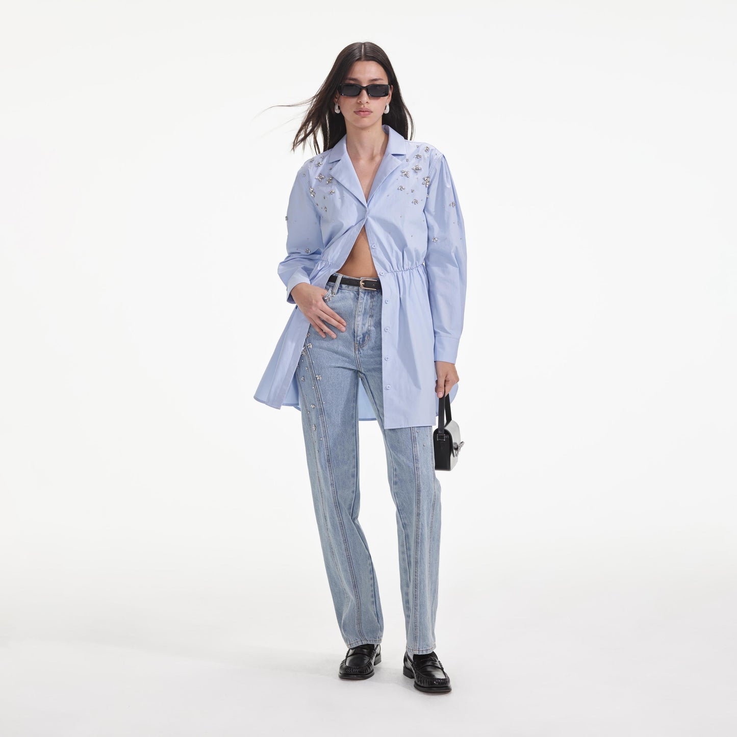 Mavi Pamuklu Süslemeli Mini Elbise