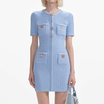 Mavi Mücevher Düğmeli Örme Mini Elbise