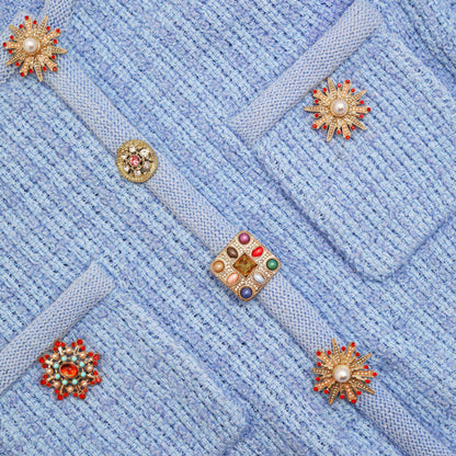 Mavi Mücevher Düğmeli Örme Mini Elbise