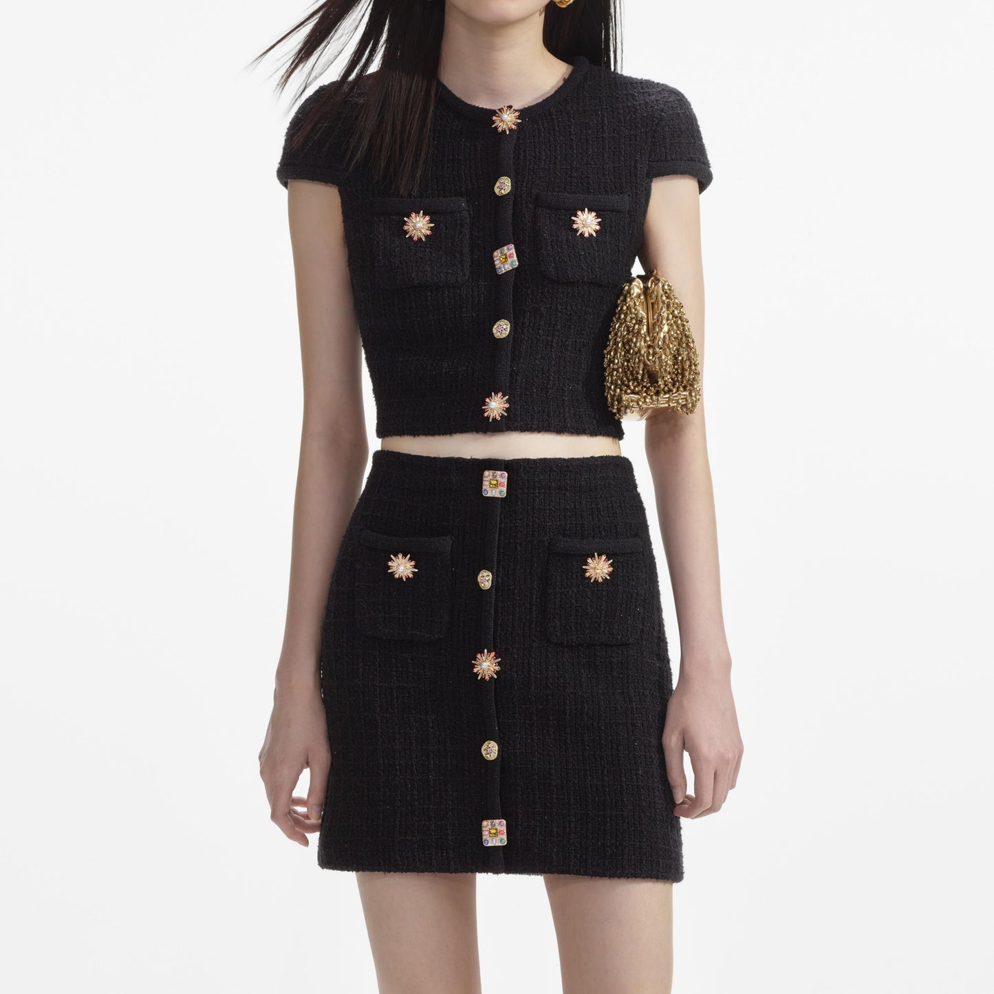 Siyah Mücevher Düğmeli Örme Mini Etek
