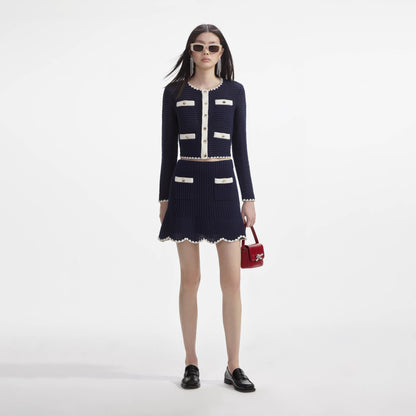 Lacivert Tığ İşi Kontrast Kesim Mini Etek