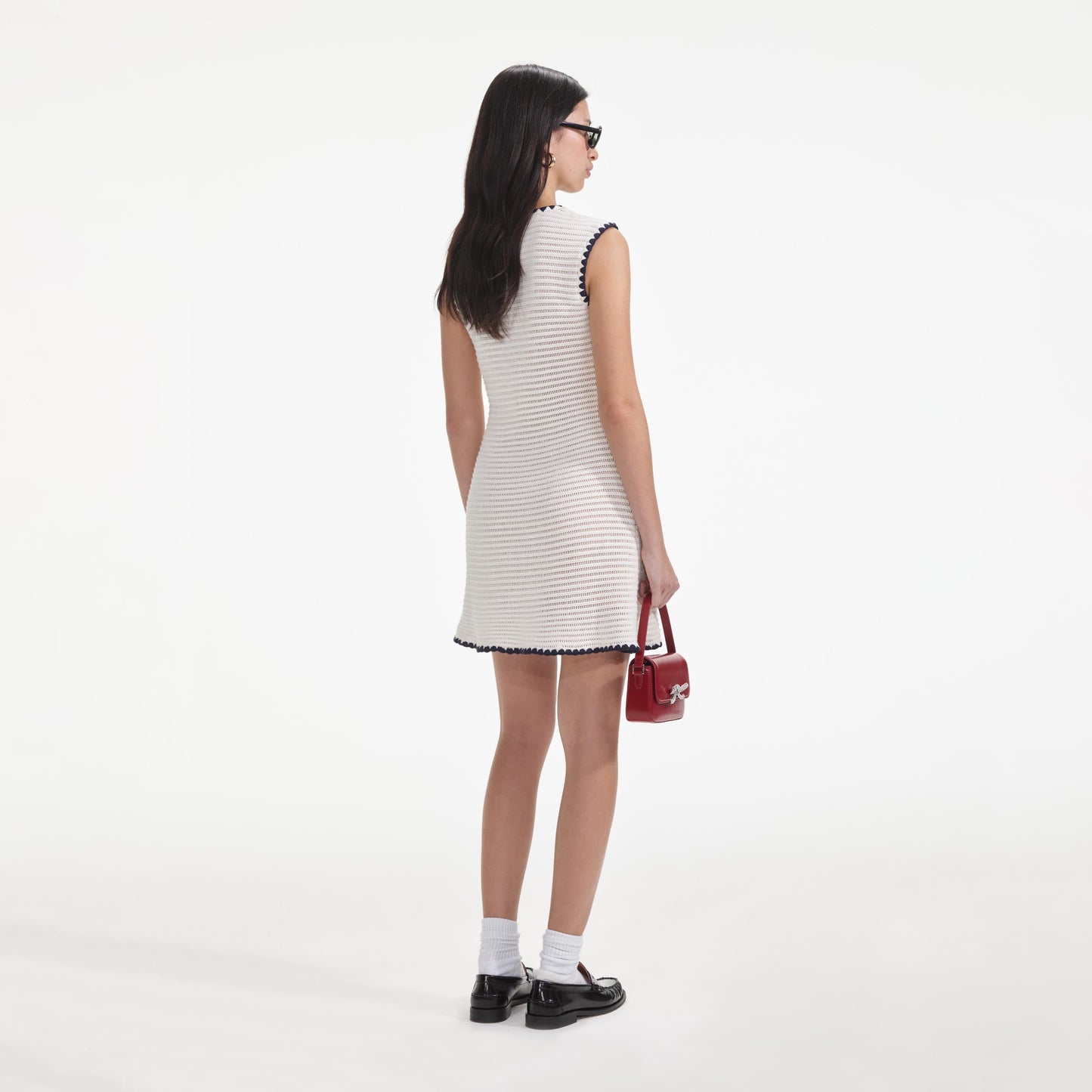 Krem Tığ İşi Kontrast Kesim Mini Elbise