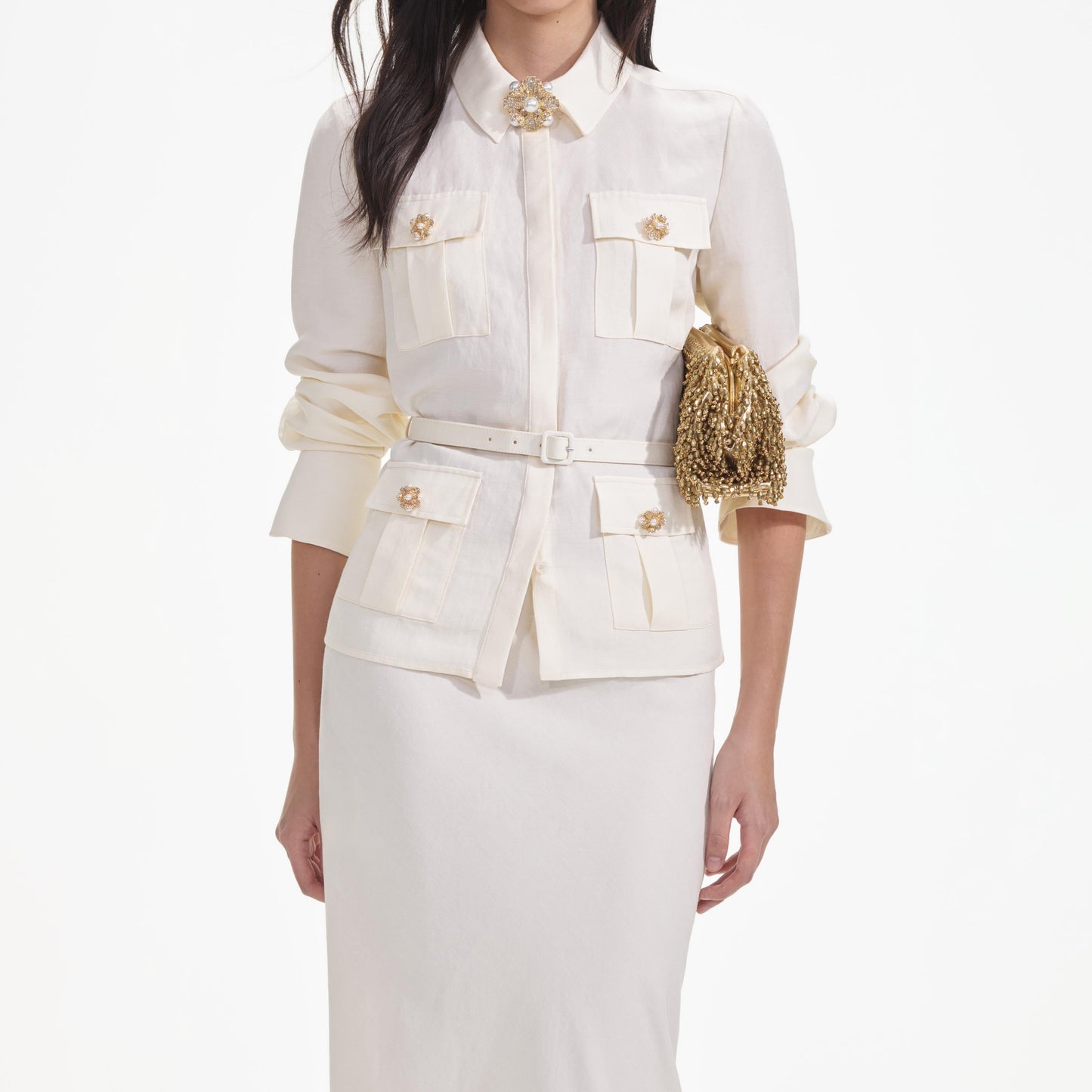 Krem Keten Uzun Elbise