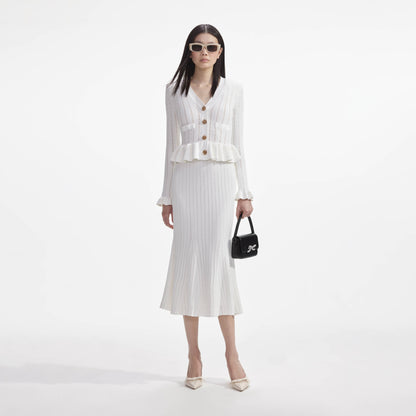Beyaz Örme Peplum Midi Elbise