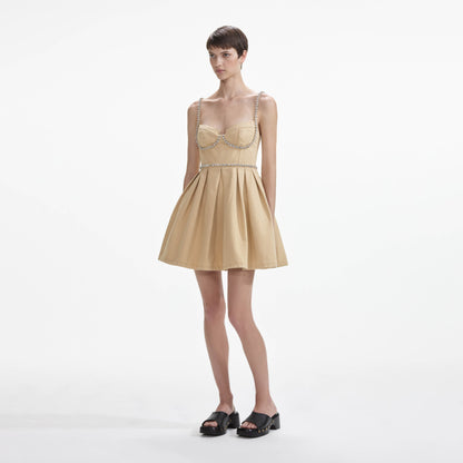 Bej Pırlantalı Kot Mini Elbise