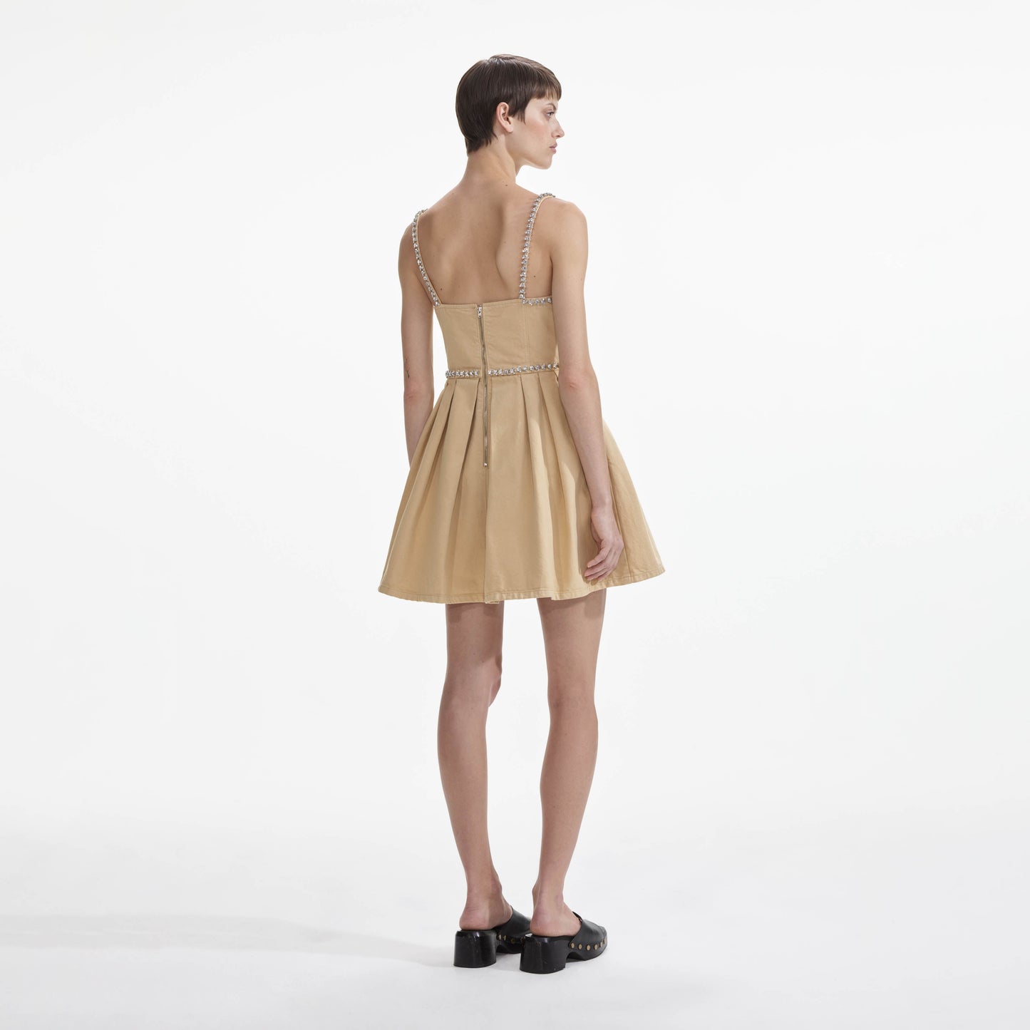 Bej Pırlantalı Kot Mini Elbise