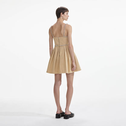 Bej Pırlantalı Kot Mini Elbise