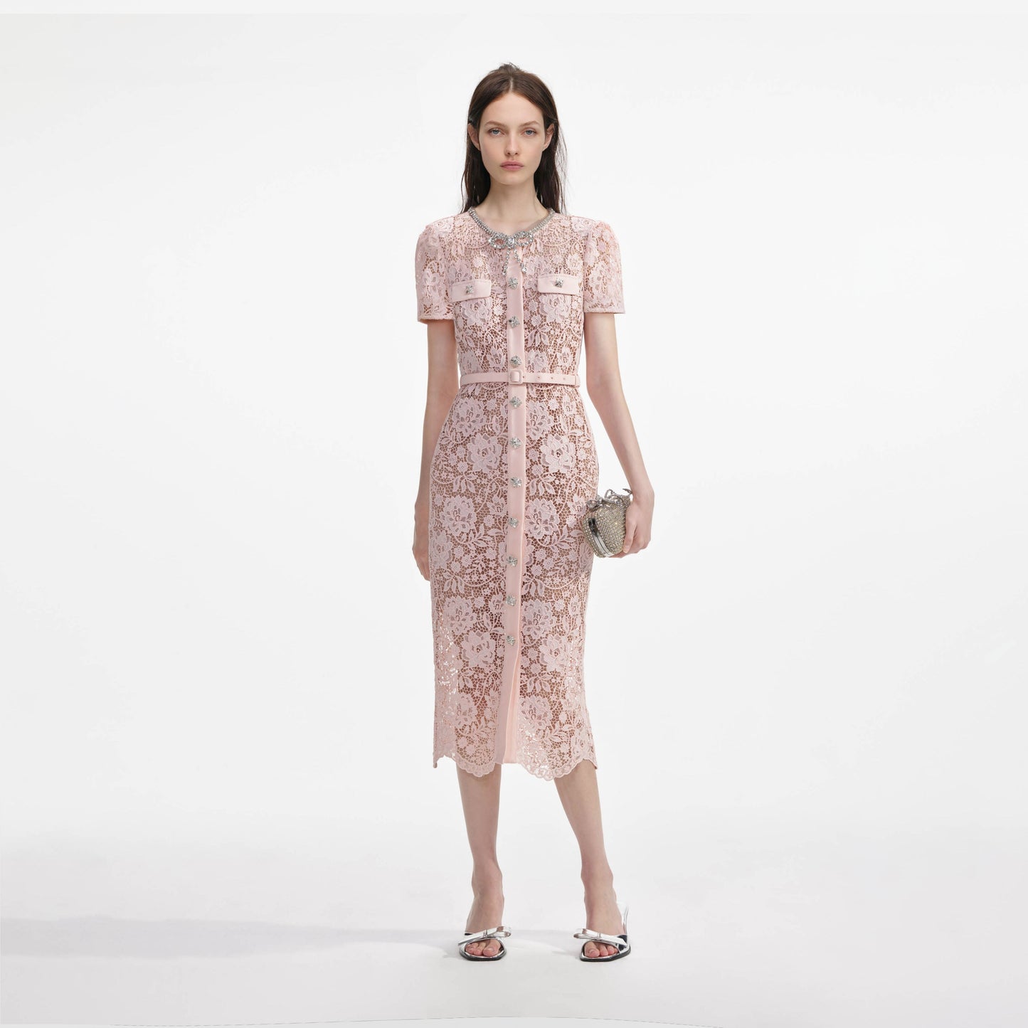 Pembe Dantel Pırlanta Fiyonklu Midi Elbise