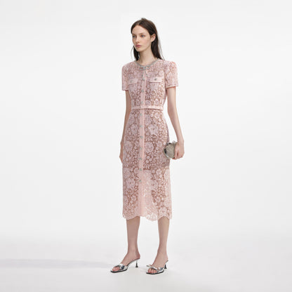 Pembe Dantel Pırlanta Fiyonklu Midi Elbise