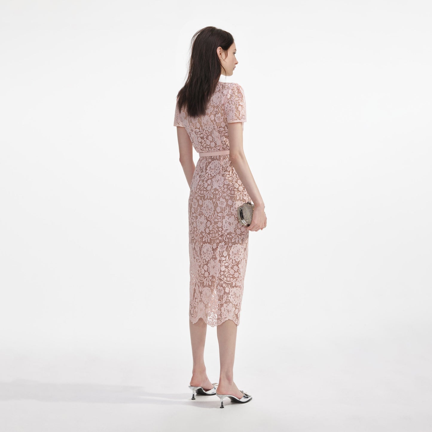 Pembe Dantel Pırlanta Fiyonklu Midi Elbise