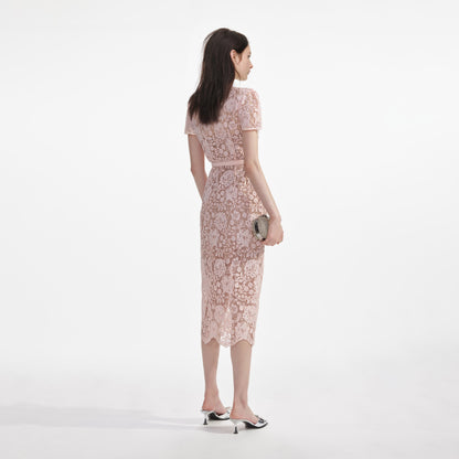 Pembe Dantel Pırlanta Fiyonklu Midi Elbise