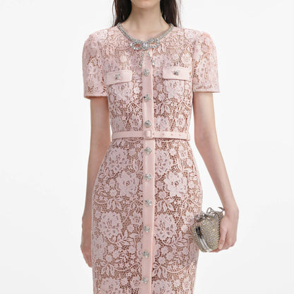 Pembe Dantel Pırlanta Fiyonklu Midi Elbise