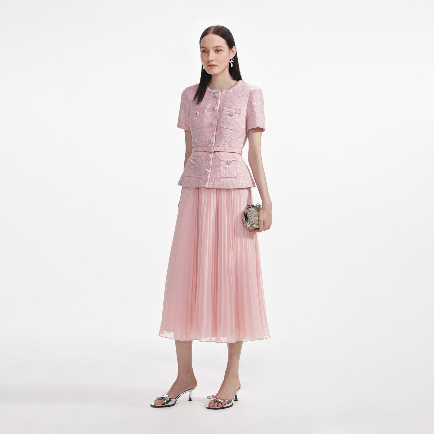 Pembe Buklet Payetli Midi Elbise