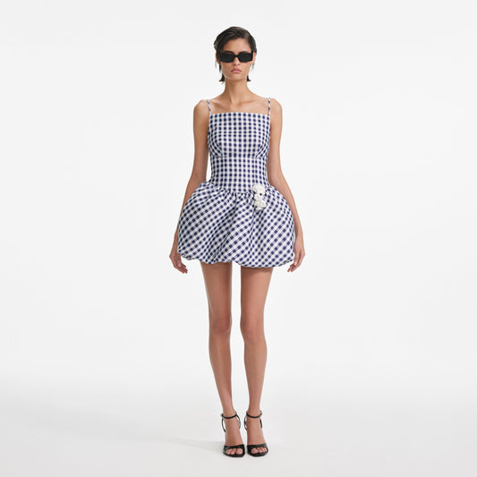 Lacivert Gingham Tafta Mini Elbise