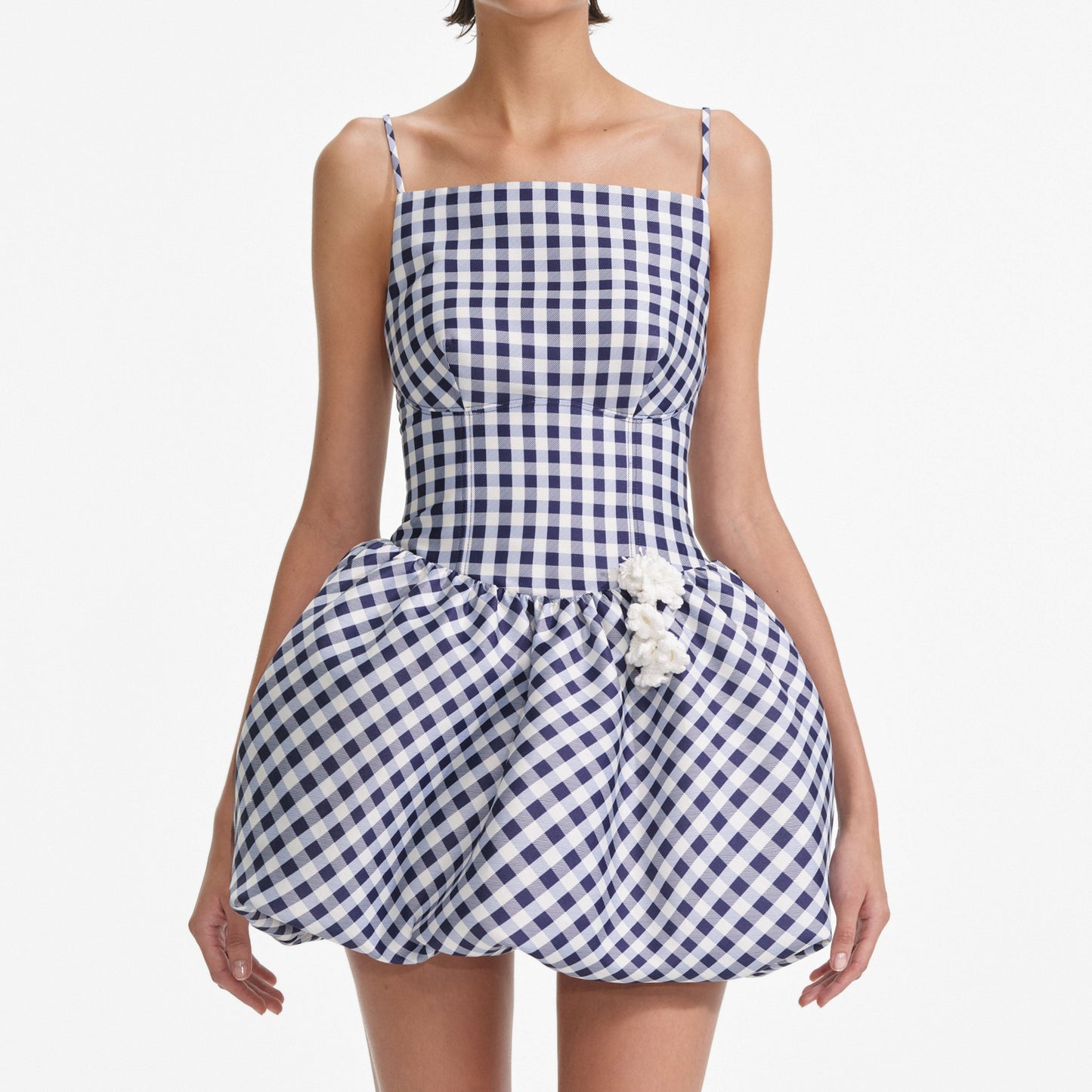 Lacivert Gingham Tafta Mini Elbise