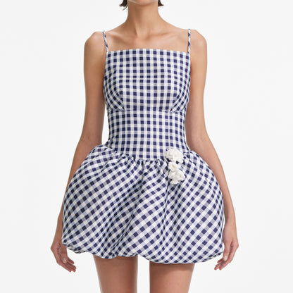 Lacivert Gingham Tafta Mini Elbise