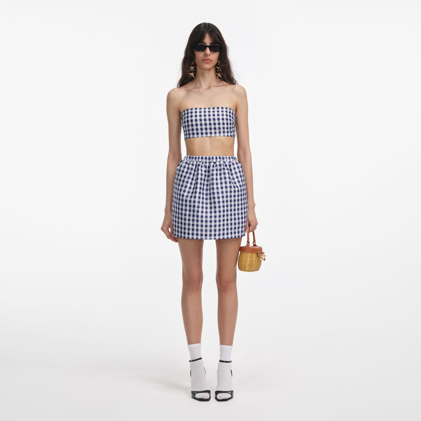 Lacivert Gingham Tafta Mini Etek