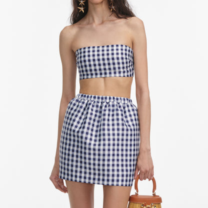 Lacivert Gingham Tafta Mini Etek