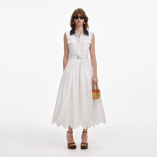 Beyaz Kontrast Yaka Broderie Midi Elbise