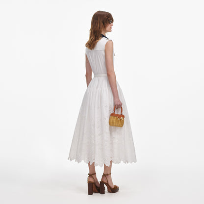 Beyaz Kontrast Yaka Broderie Midi Elbise
