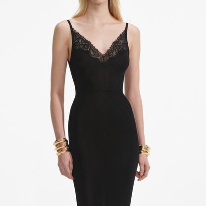 Siyah Viskon Örme Uzun Elbise