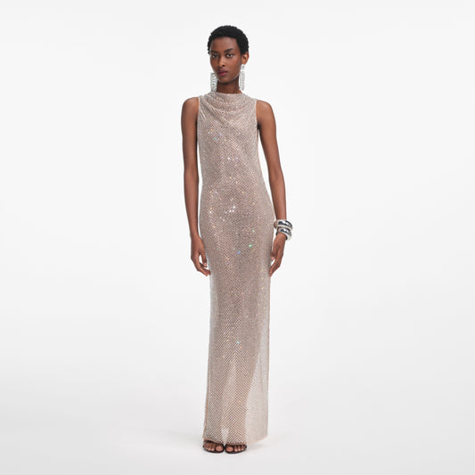 Gümüş Taşlı Drapeli Uzun Elbise